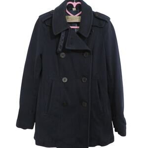 Burberry Brit Women Sz 4 Navy Blue Cotton Double Breasted Peacoat